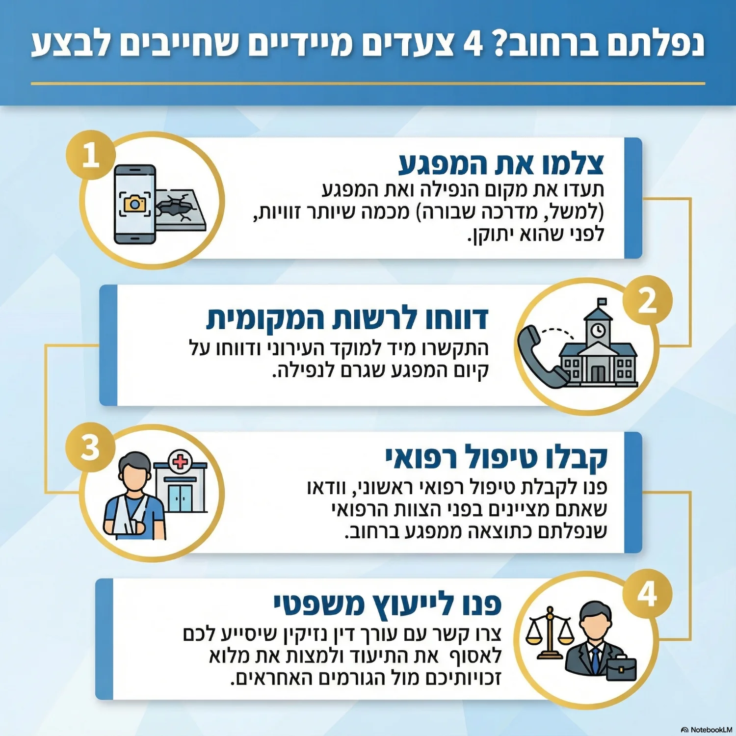 4 צעדים מידיים לאחר נפילה ברחוב